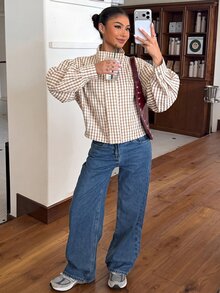 Muchica 女款格紋休閒百搭日常穿著長袖夾克 - 杏色 - 查看 5