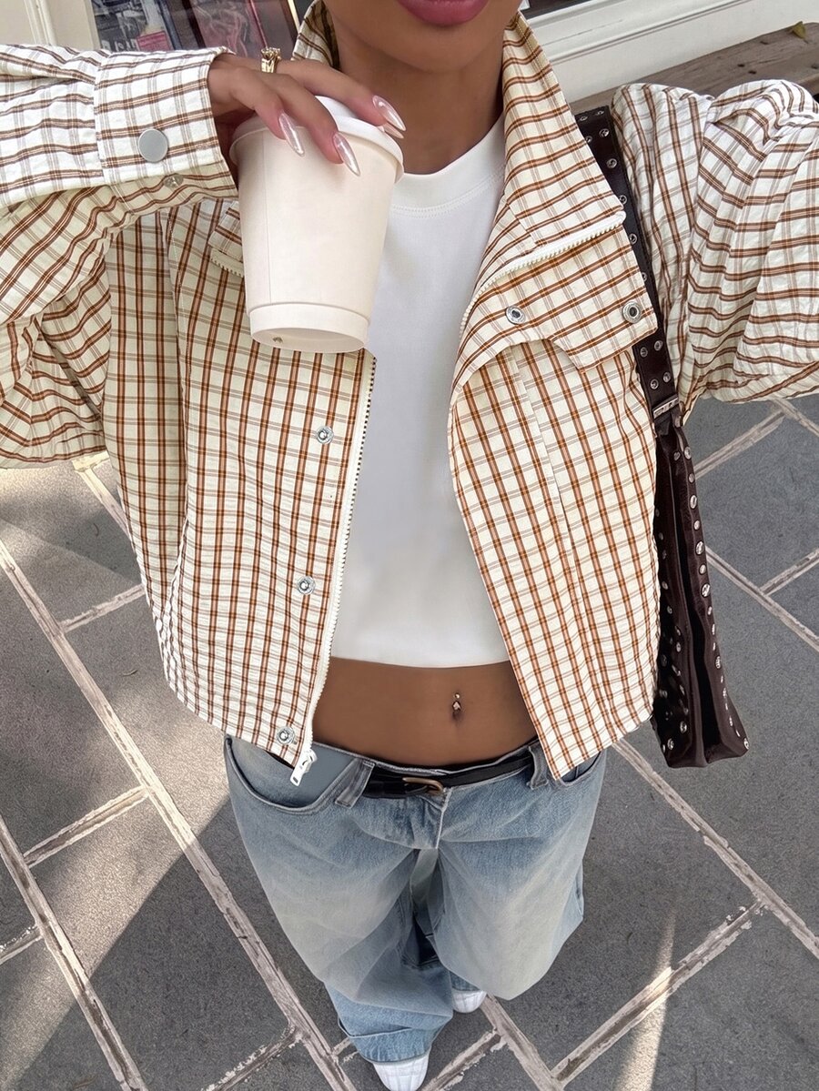 Muchica 女款格紋休閒百搭日常穿著長袖夾克 - 杏色 - 查看 1