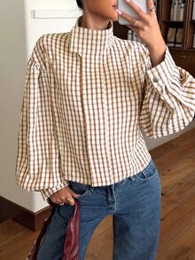 Muchica 女款格紋休閒百搭日常穿著長袖夾克 - 杏色 - 查看 4