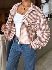 Muchica Red And White Plaid Woven Women's Jacket - Red and White - View 3