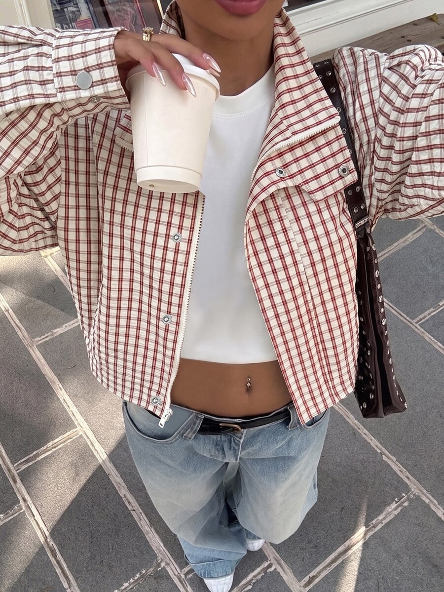 Muchica Red And White Plaid Woven Women's Jacket - Red and White - View 1