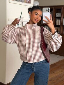 Muchica Red And White Plaid Woven Women's Jacket - Red and White - View 8