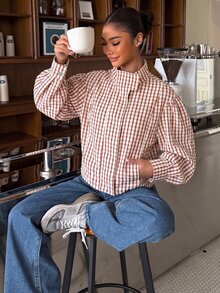 Muchica Red And White Plaid Woven Women's Jacket - Red and White - View 5
