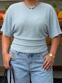 Muchica 大尺碼女款純色百褶休閒百搭日常穿搭T恤 - 淺藍色 - 查看 6