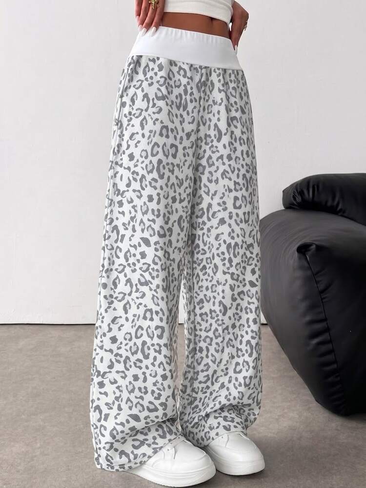 1 Random Piece Tween Girls Wide Leg Digital Leopard Print Sweatpants, Casual Comfortable For Autumn/Winter, Knit, Loose, Waist, Sports, Versatile - Light Grey - View 3