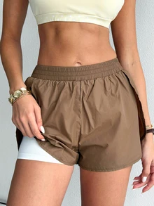 Dewbera Dewbera Summer Casual Athletic Low Waisted Double Layer Sports Shorts Gym Brown - Brown - View 3