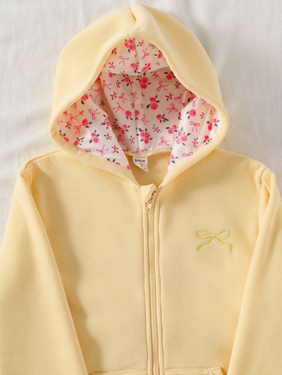 Girls (Big) Cute Sweet Vacation Casual Versatile Floral Bow Print Double Layer Hat Zipper Front Pocket Loose Jacket, Autumn/Winter