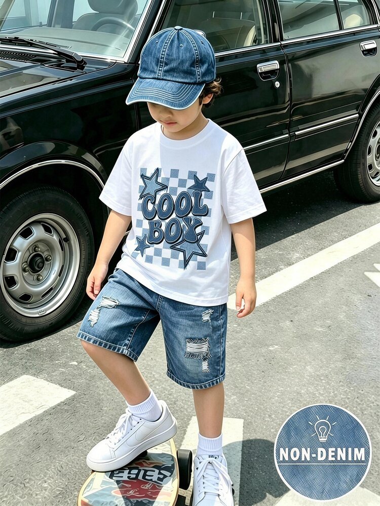 Tween Boy Round Neck Letter Print Short Sleeve T-Shirt And Shorts Casual Daily Set,Casual Outfits For And Back To School Gatherings - Multicolor - View 1