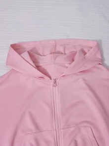 SHEIN Sparklyn فتيات مراهقات 2 قطعة/مجموعة كارديجان وردي بقلنسوة وسحاب برقبة دائرية مع خصر مضلع عريض وطويل، أنيق، تخرج، طبقات، صالة رياضية، ملابس الشارع - وردي - مشاهدة 5
