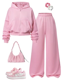 SHEIN Sparklyn فتيات مراهقات 2 قطعة/مجموعة كارديجان وردي بقلنسوة وسحاب برقبة دائرية مع خصر مضلع عريض وطويل، أنيق، تخرج، طبقات، صالة رياضية، ملابس الشارع - وردي - مشاهدة 3