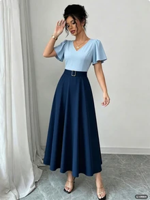 Selianne 女款春夏深藍色V領荷葉袖鈕扣裝飾收腰顯瘦修身長洋裝，通勤優雅休閒約會辦公穿搭 - 藏蓝色 - 查看 4
