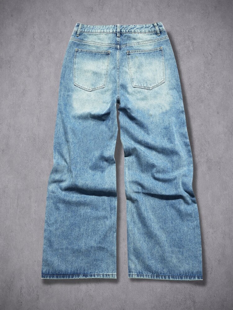 GALLERY FADE Men's Streetwear Gothic Angel Print Washed Denim Straight Leg Wide Leg Pants - Light Wash - View 4