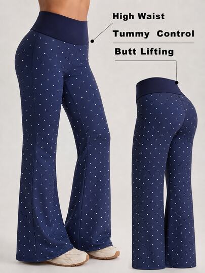 SHEIN Sovereign Charm 1 Adet Lacivert Puantiyeli İspanyol Paça Günlük Pantolon, Yüksek Bel Dökümlü İnceltici Vintage Puantiyeli Spor Uzun Pantolon, Yumuşak ve Rahat Oturumlu, Egzersiz, Koşu, Günlük ve Yoga İçin Uygun