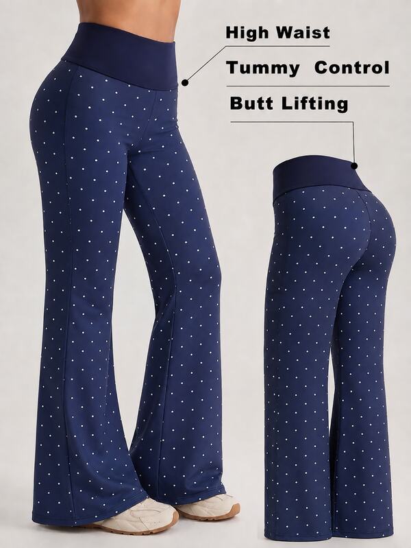 SHEIN Sovereign Charm 1pc Navy Blue Polka Dot Flared Waist Casual Pants, High Waist Draped Slimming Vintage Polka Dot Sports Long Pants, Soft Comfortable Fit, Suitable For Workout, Running, Casual, Yoga