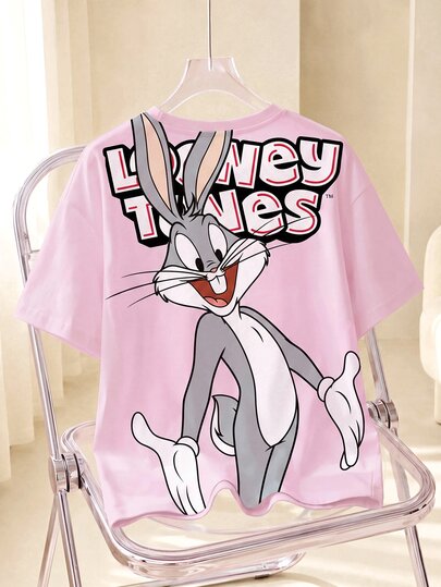 LOONEY TUNES X SHEIN Camiseta tradicional de manga corta con cuello redondo y estampado de letras para mujer de talla grande, estilo casual y elegante, rosa, verano, Teacher Club