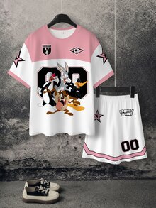 LOONEY TUNES X SHEIN Tween Boy Crew Neck Cartoon Print Colorblock Short Sleeve T-Shirt And Shorts Casual Daily Outfit - White - View 2