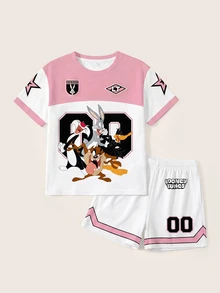 LOONEY TUNES X SHEIN Tween Boy Crew Neck Cartoon Print Colorblock Short Sleeve T-Shirt And Shorts Casual Daily Outfit - White - View 1