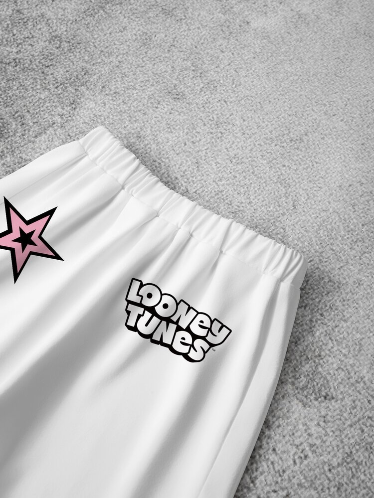 LOONEY TUNES X SHEIN 青少年男孩圓領卡通印花拼色短袖T恤與短褲休閒日常套裝 - 白色 - 查看 6