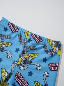LOONEY TUNES X SHEIN 男嬰卡通條紋印花插肩袖上衣與短褲休閒泳裝套裝 - 藍色 - 查看 6