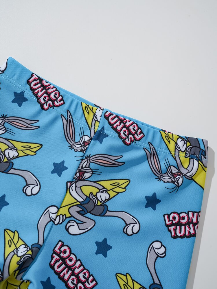 LOONEY TUNES X SHEIN Baby Boy Cartoon Striped Print Raglan Sleeve Top And Shorts Casual Swimwear Set - Blue - View 6