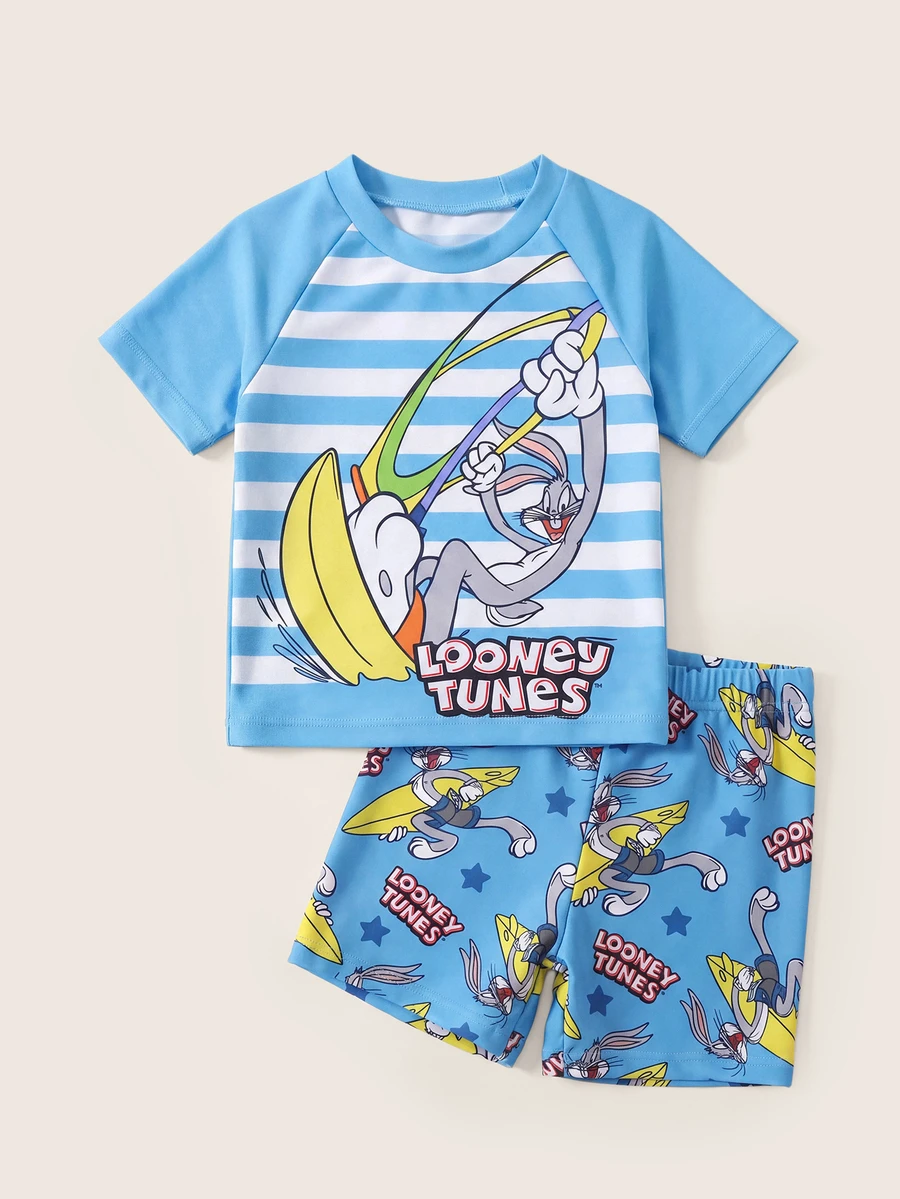 LOONEY TUNES X SHEIN 男嬰卡通條紋印花插肩袖上衣與短褲休閒泳裝套裝 - 藍色 - 查看 1