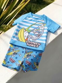 LOONEY TUNES X SHEIN 男嬰卡通條紋印花插肩袖上衣與短褲休閒泳裝套裝 - 藍色 - 查看 2
