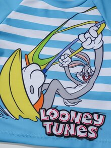 LOONEY TUNES X SHEIN 男嬰卡通條紋印花插肩袖上衣與短褲休閒泳裝套裝 - 藍色 - 查看 5