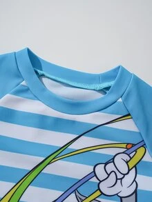 LOONEY TUNES X SHEIN 男嬰卡通條紋印花插肩袖上衣與短褲休閒泳裝套裝 - 藍色 - 查看 4