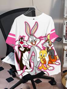 LOONEY TUNES X SHEIN 大尺碼女款卡通印花圓領短袖休閒T恤 - 白色 - 查看 3