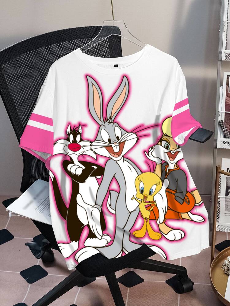 LOONEY TUNES X SHEIN Plus Size Women's Cartoon Print Round Neck Short Sleeve Casual T-Shirt - White - View 3