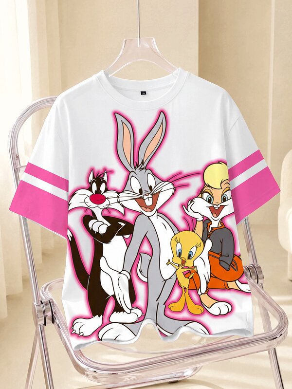 LOONEY TUNES X SHEIN Plus Size Women's Cartoon Print Round Neck Short Sleeve Casual T-Shirt