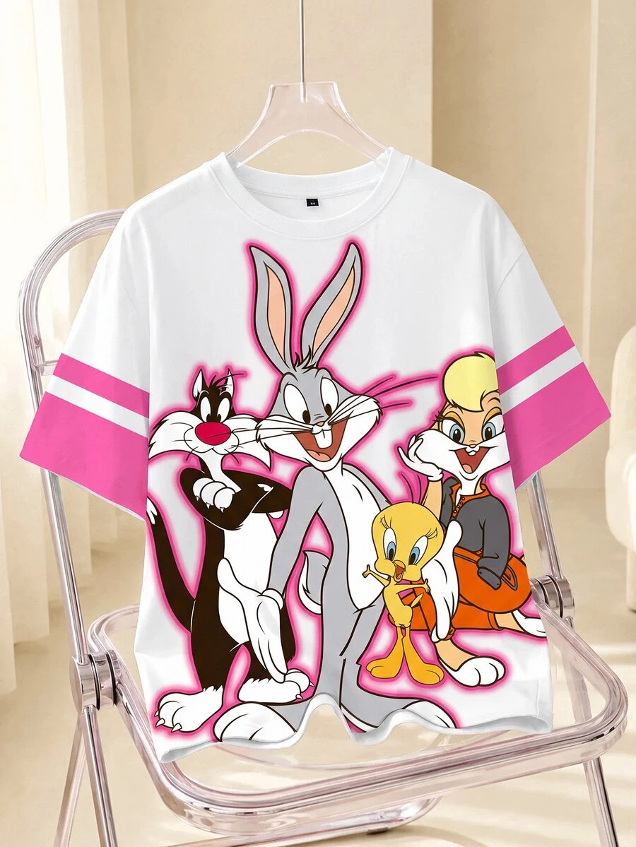 LOONEY TUNES X SHEIN 大尺碼女款卡通印花圓領短袖休閒T恤 - 白色 - 查看 1