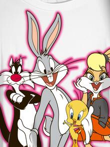 LOONEY TUNES X SHEIN 大尺碼女款卡通印花圓領短袖休閒T恤 - 白色 - 查看 5