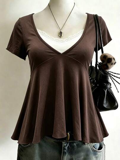 Lalippa Women's Y2k Lace Trim Short Sleeve Babydoll Top,Casual Contrast Color V-Neck 2 In 1,Ideal For Summer