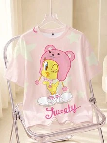 LOONEY TUNES X SHEIN Plus Size Women's Letter Cartoon Print Round Neck Short Sleeve Casual Cute Traditional T-Shirt Date Night Brunch Light Pink Summer - White - View 1