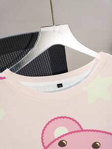 LOONEY TUNES X SHEIN Plus Size Women's Letter Cartoon Print Round Neck Short Sleeve Casual Cute Traditional T-Shirt Date Night Brunch Light Pink Summer - White - View 4