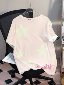 LOONEY TUNES X SHEIN Plus Size Women's Letter Cartoon Print Round Neck Short Sleeve Casual Cute Traditional T-Shirt Date Night Brunch Light Pink Summer - White - View 2