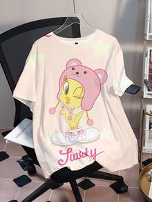 LOONEY TUNES X SHEIN Plus Size Women's Letter Cartoon Print Round Neck Short Sleeve Casual Cute Traditional T-Shirt Date Night Brunch Light Pink Summer - White - View 3