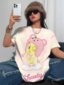 LOONEY TUNES X SHEIN Plus Size Women's Letter Cartoon Print Round Neck Short Sleeve Casual Cute Traditional T-Shirt Date Night Brunch Light Pink Summer - White - View 8