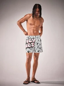 LOONEY TUNES X SHEIN Pantalones cortos de playa con cordón en la cintura y bolsillo, diseño de dibujos animados con colores contrastantes para hombre - Blanco y Negro - Ver 6