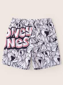 LOONEY TUNES X SHEIN Pantalones cortos de playa con cordón en la cintura y bolsillo, diseño de dibujos animados con colores contrastantes para hombre - Blanco y Negro - Ver 1