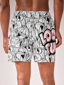 LOONEY TUNES X SHEIN Pantalones cortos de playa con cordón en la cintura y bolsillo, diseño de dibujos animados con colores contrastantes para hombre - Blanco y Negro - Ver 2