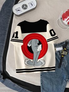 LOONEY TUNES X SHEIN 小男孩卡通图案拼色短袖T恤 - 白色 - 查看 3