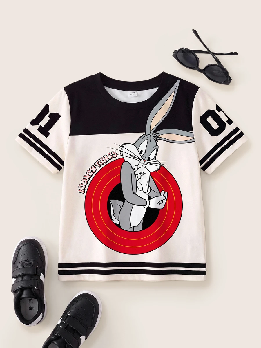 LOONEY TUNES X SHEIN 小男孩卡通图案拼色短袖T恤 - 白色 - 查看 1