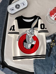 LOONEY TUNES X SHEIN 小男孩卡通图案拼色短袖T恤 - 白色 - 查看 2