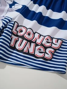 LOONEY TUNES X SHEIN Tween Boy Summer Casual Striped Letter & Rabbit Print Elastic Waist Swimwear - Blue - View 5