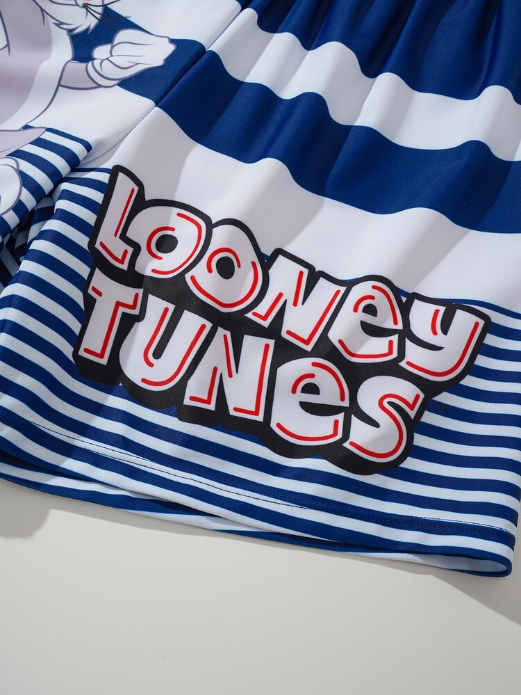 LOONEY TUNES X SHEIN 男童夏季休闲条纹字母兔子印花松紧腰泳衣 - 藍色 - 查看 5