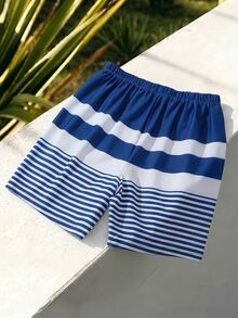 LOONEY TUNES X SHEIN Tween Boy Summer Casual Striped Letter & Rabbit Print Elastic Waist Swimwear - Blue - View 3