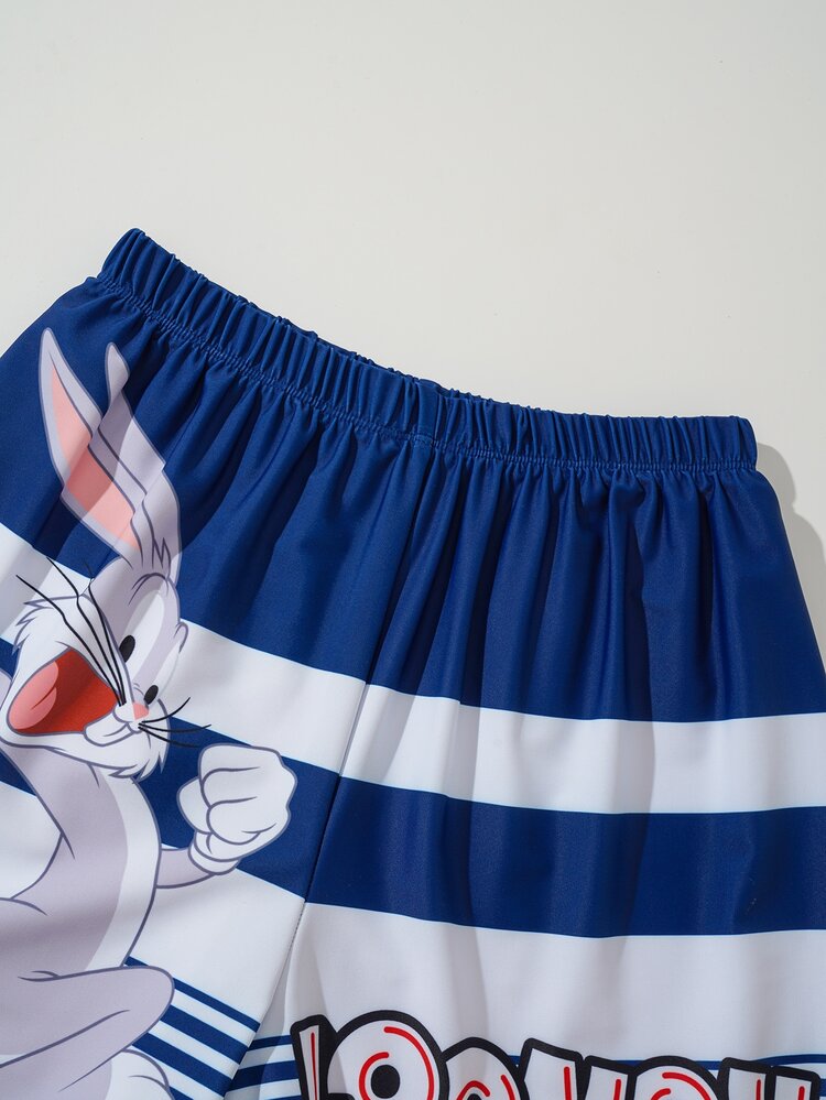 LOONEY TUNES X SHEIN 男童夏季休闲条纹字母兔子印花松紧腰泳衣 - 藍色 - 查看 4