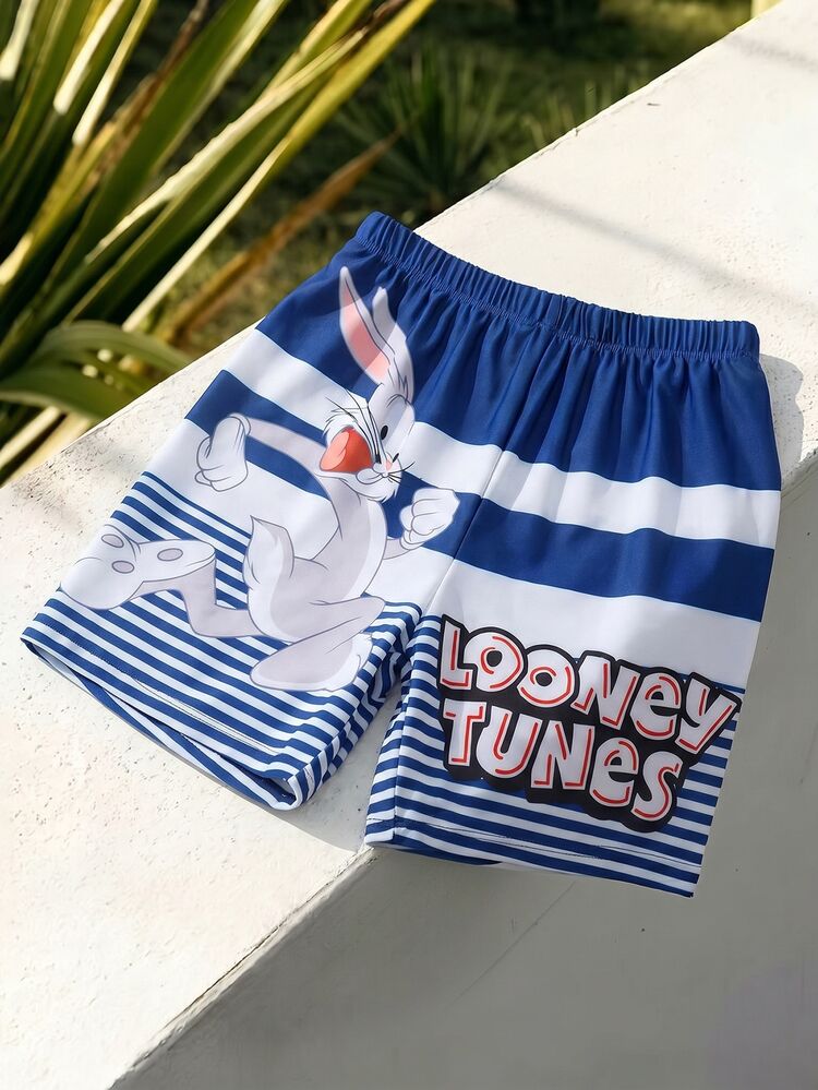 LOONEY TUNES X SHEIN 男童夏季休闲条纹字母兔子印花松紧腰泳衣 - 藍色 - 查看 2